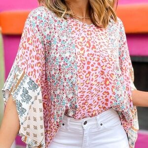 B040 Multicolor Leopard Floral Mix Print Batwing Sleeve Cape Blouse